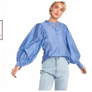 CAARA Maglie Blue Pinstripe Dolman Puff Sleeve Blouse